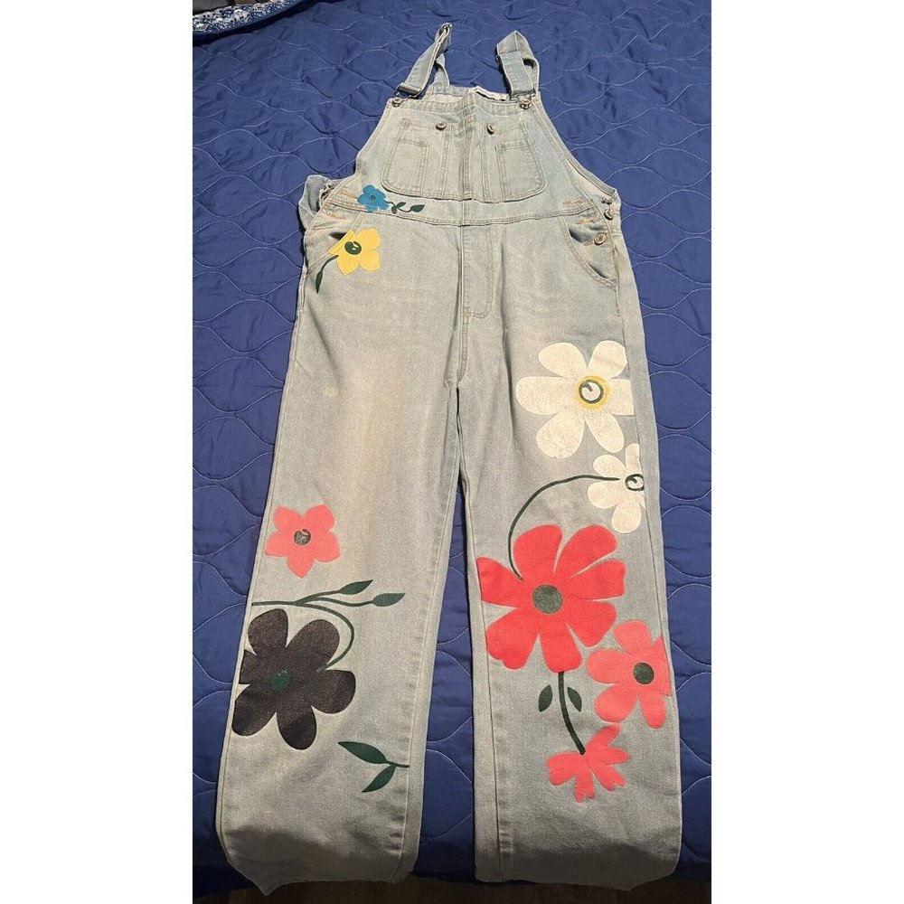 Misslook Floral Painted Denim Bib Overalls size XL - (fits Sz Large) Country